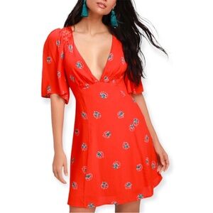 Free People Mockingbird Floral Mini Dress Coral Red Open Back Lace 2